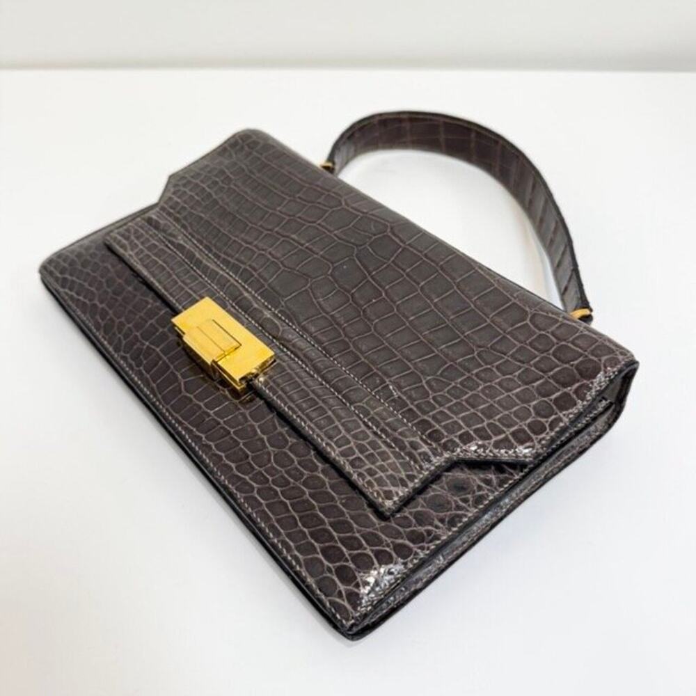 HERMES Vintage Gray Crocodile Shoulder Bag Gold Hardware Exotic Leather Handbag - Picture 3 of 10